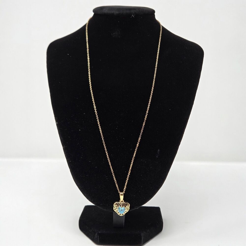 Gold Plated 925 Sterling Silver Heart Pendant Necklace Blue CZ Filigree 18"